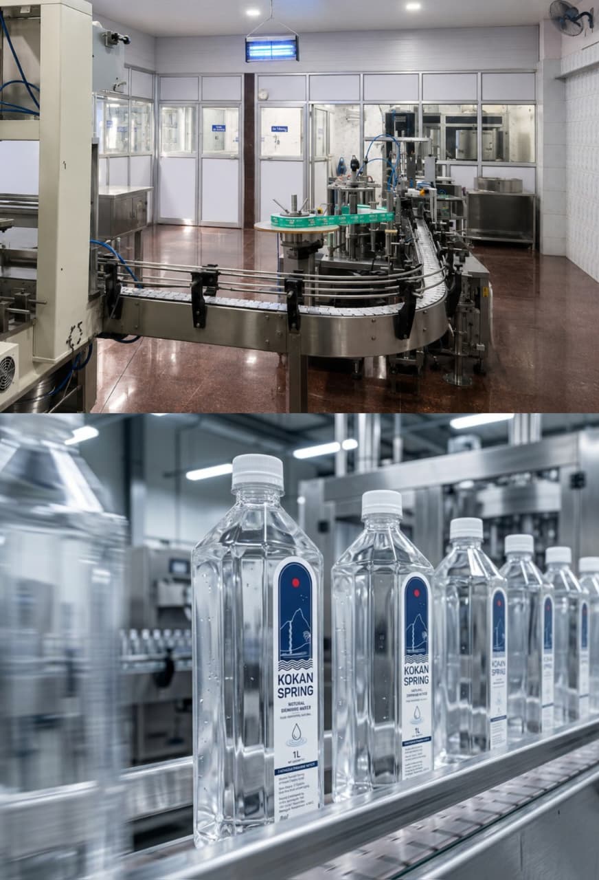 KOKAN SPRING bottles moving through the automated bottling and packaging line